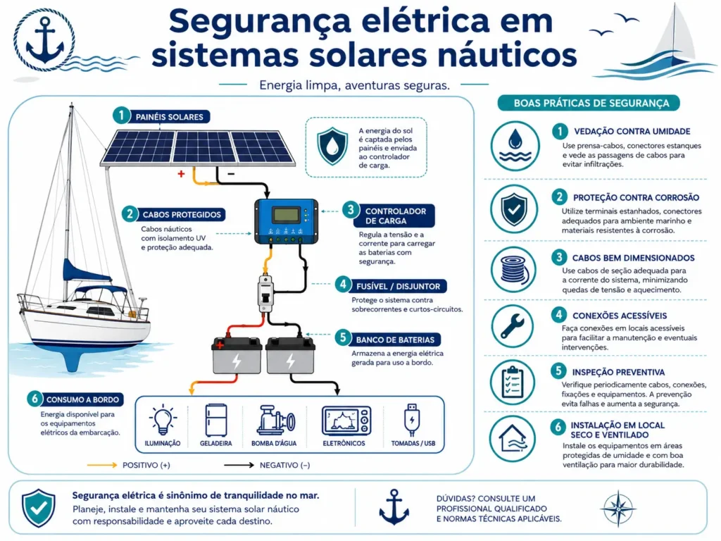 Infográfico mostrando os principais pontos de segurança elétrica em sistemas solares náuticos, incluindo cabos, controlador de carga, fusíveis, disjuntores, baterias e conexões protegidas contra umidade.