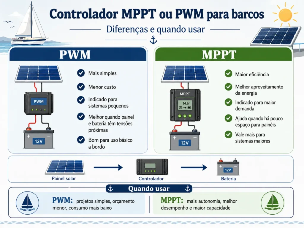 Infográfico comparando controlador PWM e MPPT para barcos, mostrando diferenças de eficiência, custo, melhor uso e fluxo de energia entre painéis solares, controlador e baterias.