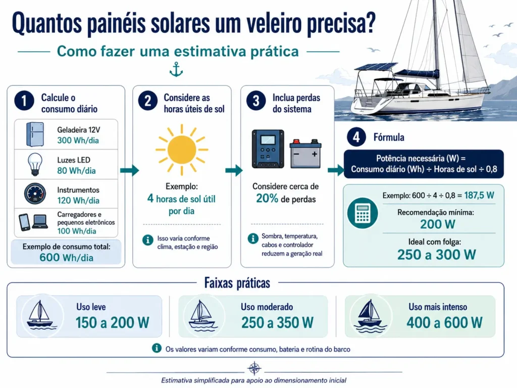 Infográfico mostrando como estimar quantos painéis solares um veleiro precisa com base no consumo diário, horas úteis de sol, perdas do sistema e potência recomendada dos painéis.