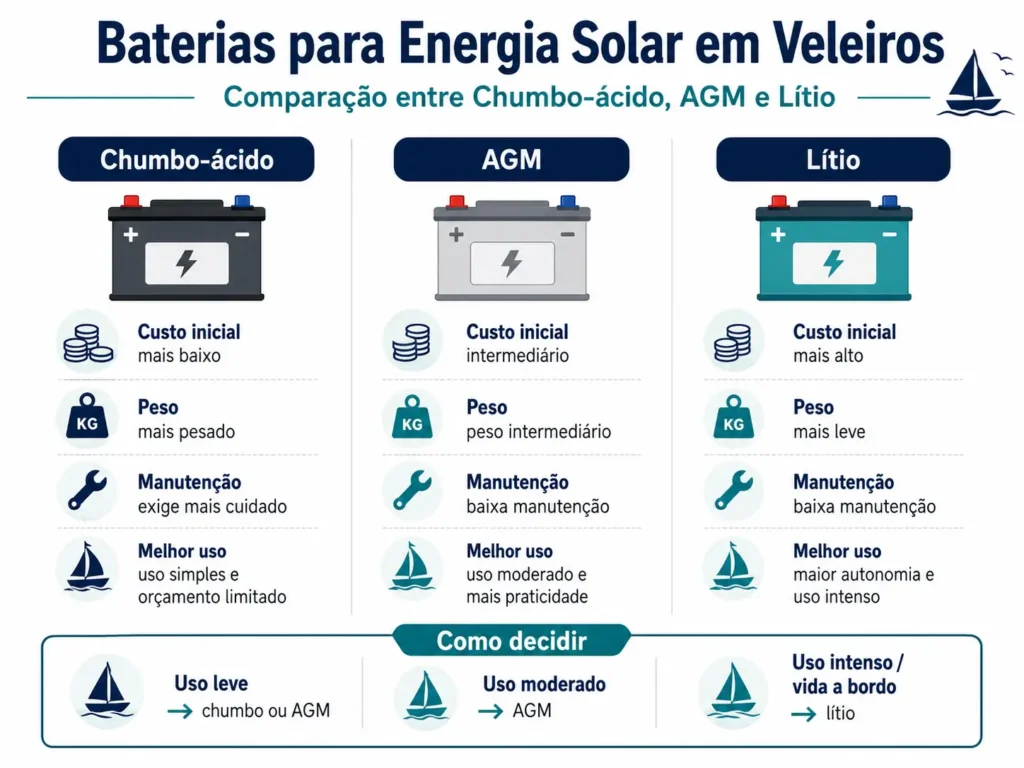 Infográfico comparando baterias chumbo-ácido, AGM e lítio para energia solar em veleiros, mostrando custo, peso, manutenção, autonomia e melhor uso.
