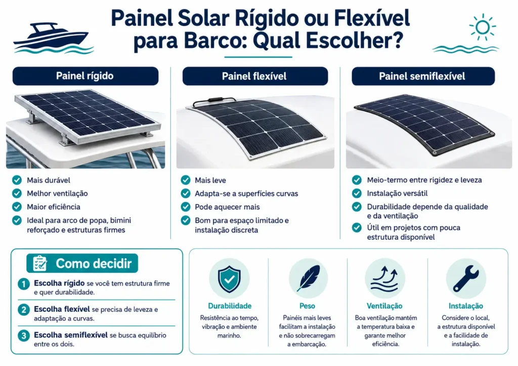 Infográfico comparando painel solar rígido, flexível e semiflexível para barcos, mostrando vantagens, limitações e melhores locais de uso.