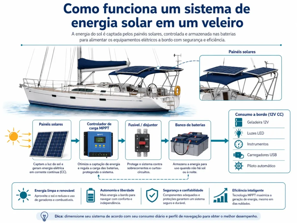 Infográfico explicando como funciona um sistema de energia solar em um veleiro, incluindo painéis solares, controlador de carga MPPT, fusível, banco de baterias e consumos a bordo como geladeira, luzes LED e instrumentos.