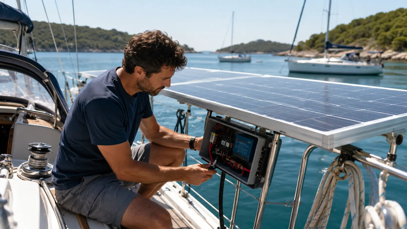 Pessoa verificando o sistema de energia solar no barco, com painéis solares, cabos e componentes elétricos durante uma inspeção de segurança.