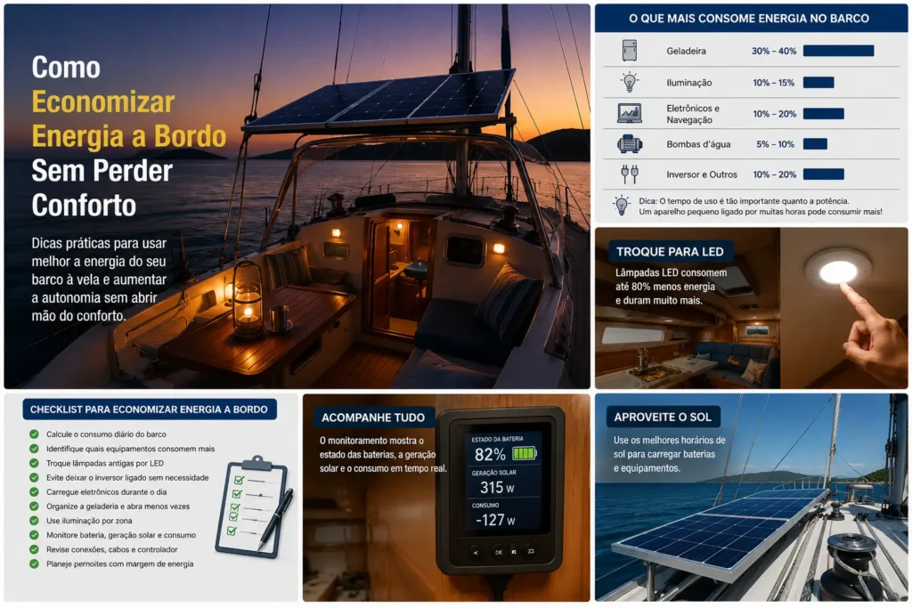 Infográfico com dicas para economizar energia a bordo de um veleiro, incluindo consumo da geladeira, iluminação LED, monitoramento das baterias, checklist e uso da energia solar.