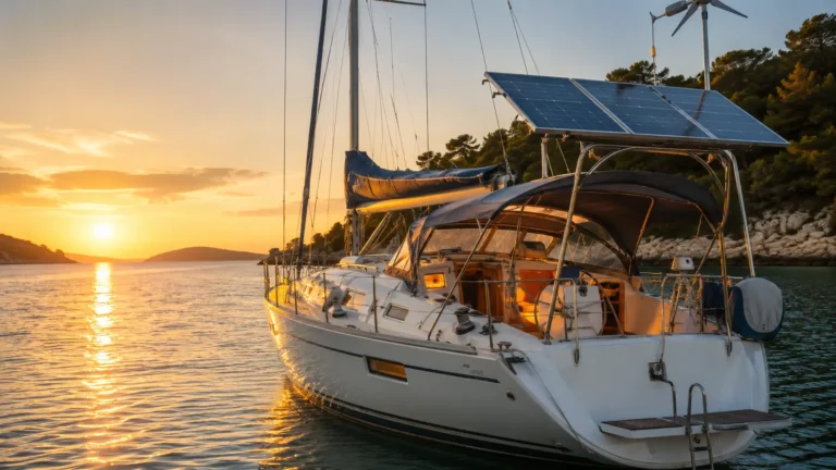 Veleiro em fundeio ao pôr do sol com painéis solares instalados e luzes internas acesas, representando economia de energia a bordo sem perder conforto.