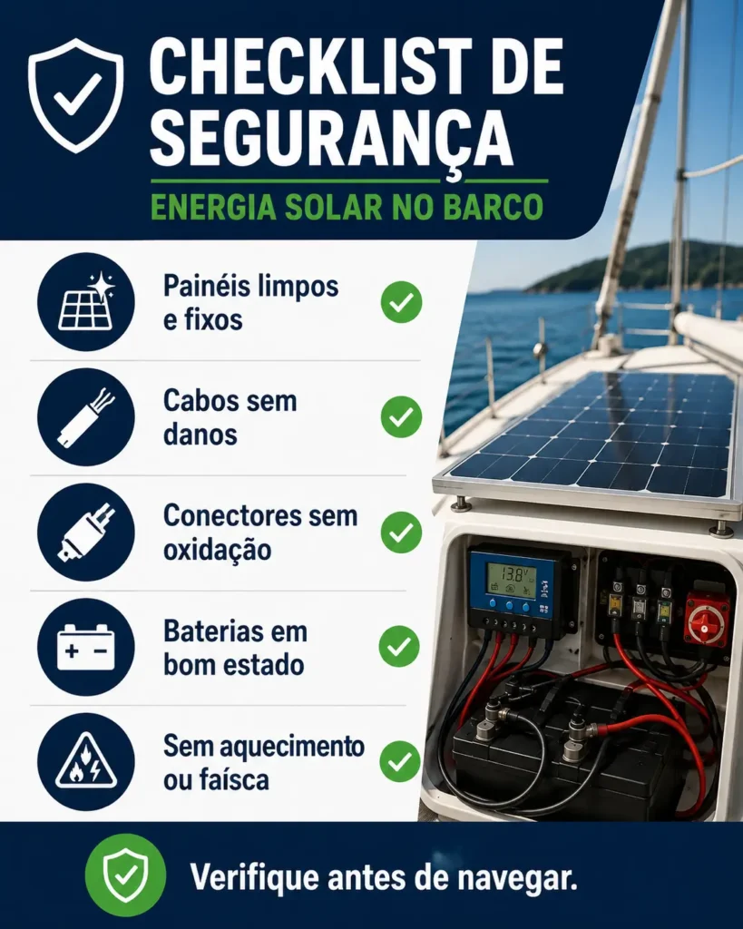 Infográfico com checklist de segurança para energia solar no barco, mostrando painéis limpos, cabos sem danos, conectores sem oxidação, baterias em bom estado e ausência de aquecimento ou faísca.