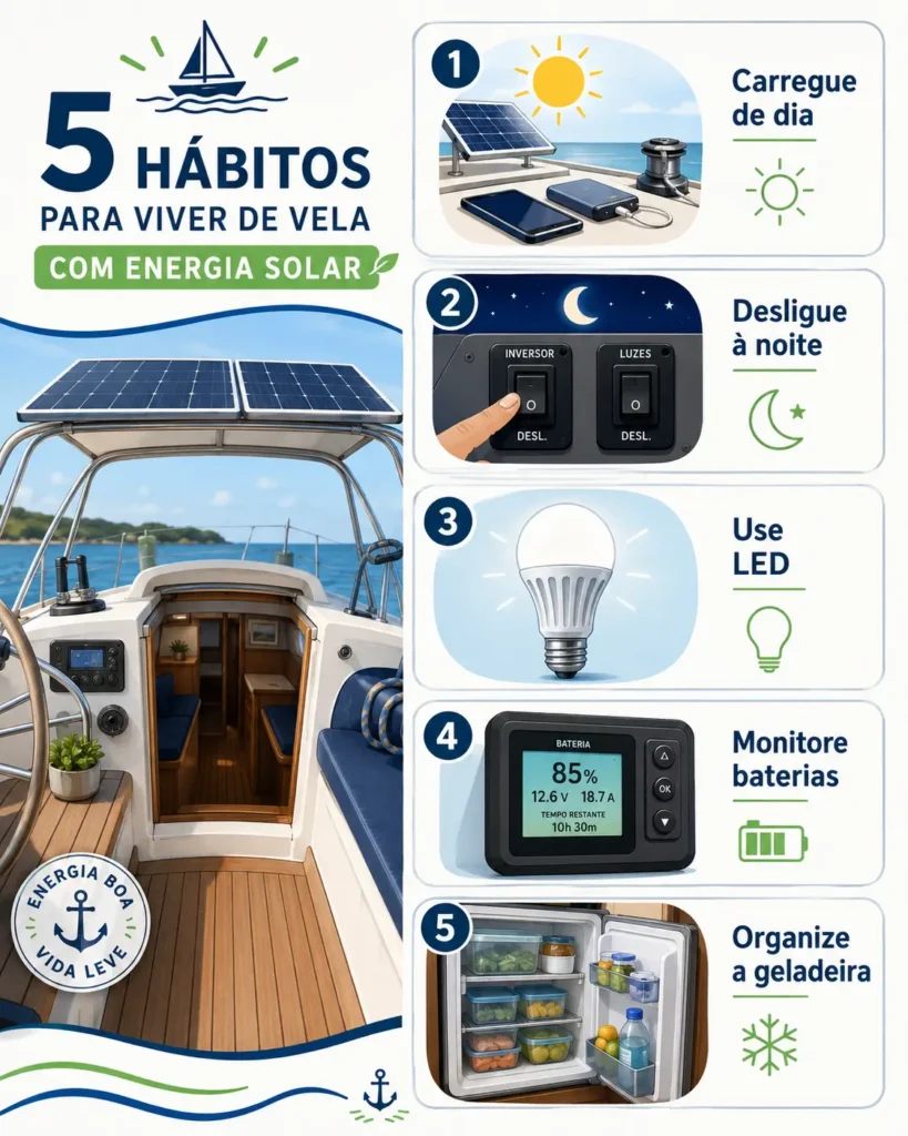 Infográfico com cinco hábitos para aumentar a autonomia com energia solar a bordo, incluindo carregar durante o dia, desligar equipamentos à noite, usar LED, monitorar baterias e organizar a geladeira.