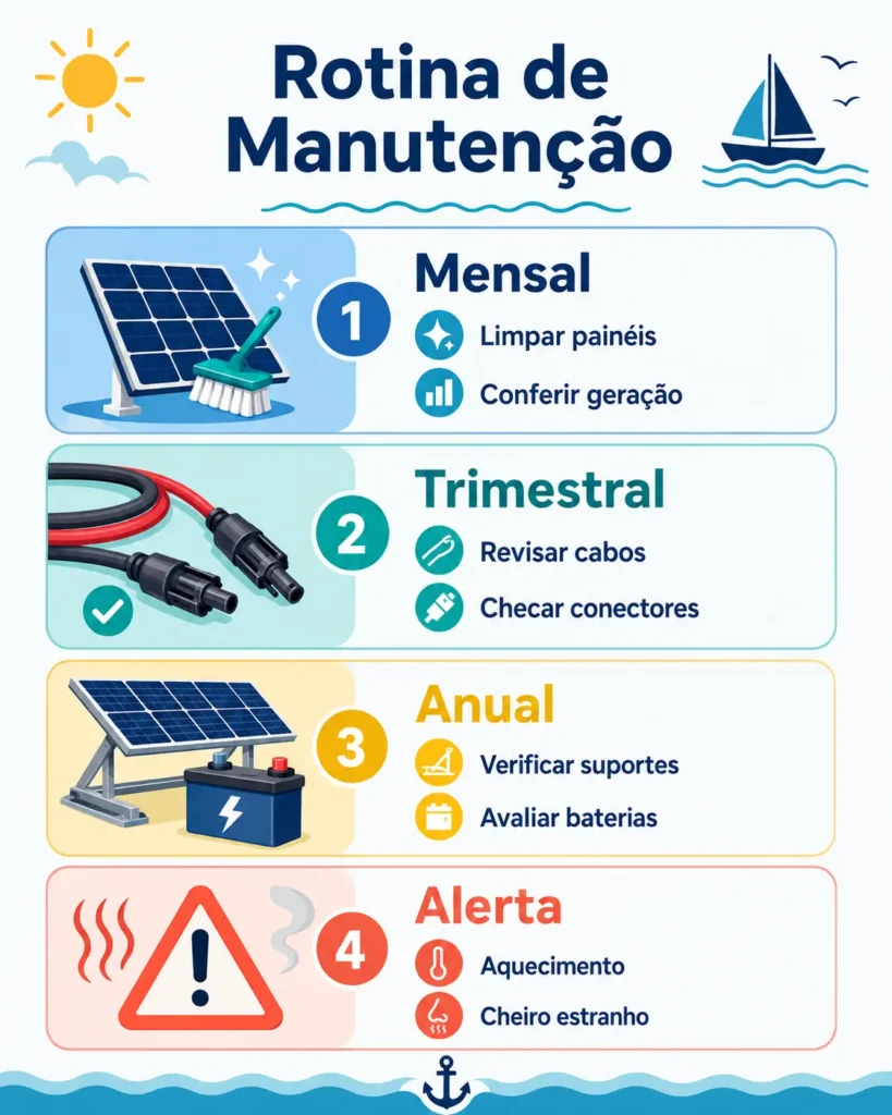 Infográfico com rotina de manutenção do sistema solar náutico, mostrando verificações mensais, trimestrais, anuais e sinais de alerta como aquecimento e cheiro estranho.