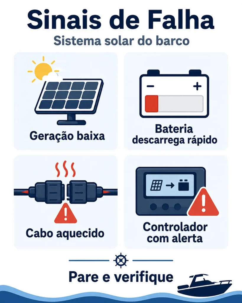 Infográfico com sinais de falha no sistema solar do barco, mostrando geração baixa, bateria descarregando rápido, cabo aquecido e controlador com alerta.