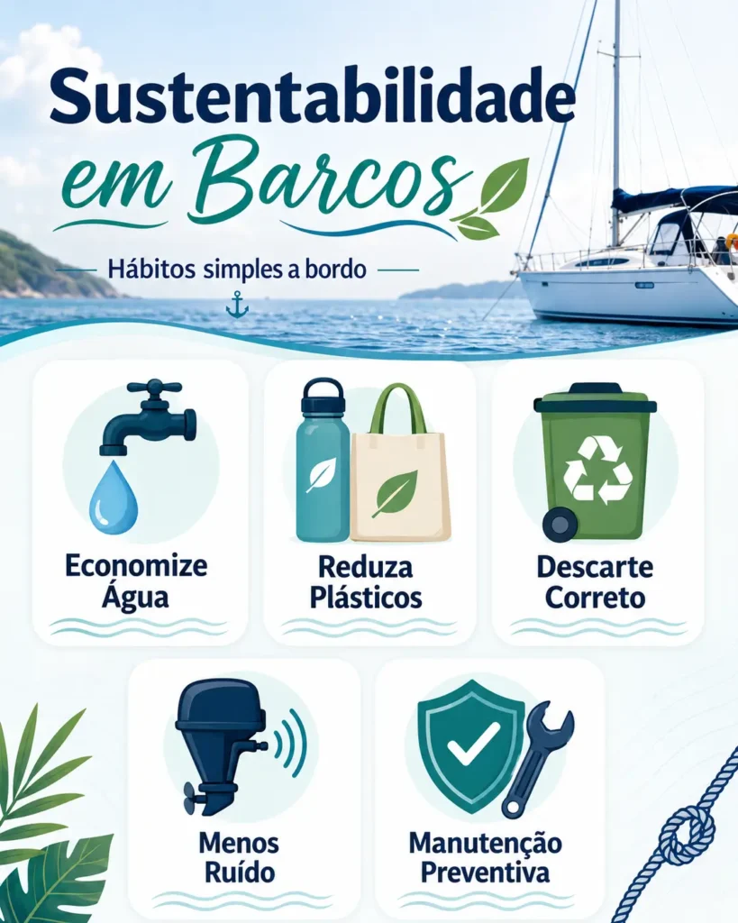 Infográfico sobre sustentabilidade em barcos com práticas simples como economizar água, reduzir plásticos, fazer descarte correto, gerar menos ruído e manter a manutenção preventiva.
