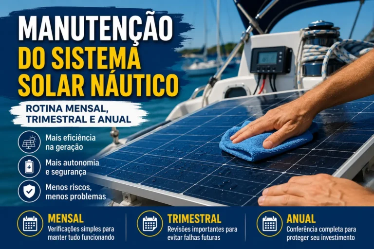 Pessoa limpando painel solar em barco durante manutenção do sistema solar náutico, com rotina mensal, trimestral e anual de prevenção.