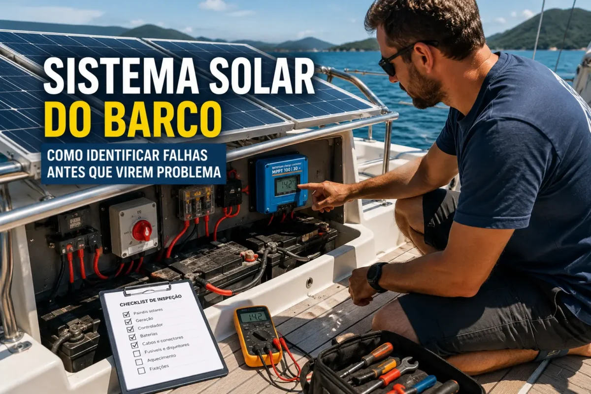 Pessoa inspecionando o sistema solar do barco com painéis solares, controlador, baterias e ferramentas para identificar falhas antes que virem problema.
