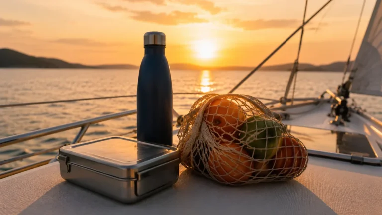 Itens reutilizáveis sobre um veleiro ao pôr do sol, como garrafa, lancheira e sacola de frutas, representando sustentabilidade em barcos e hábitos conscientes a bordo.