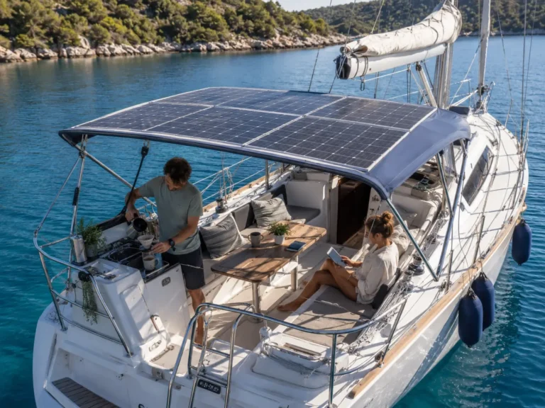 Vida a bordo com energia solar em um veleiro, com painéis solares instalados e tripulação aproveitando a autonomia elétrica durante o dia.