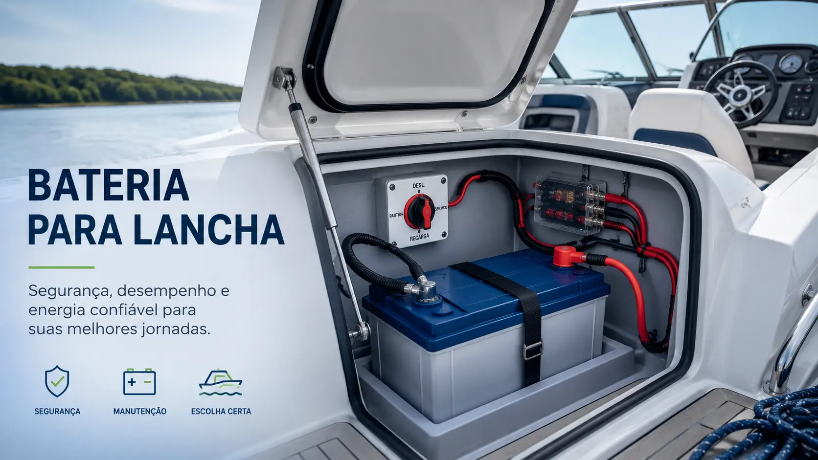 Bateria para lancha instalada em compartimento náutico com cabos organizados e terminais protegidos