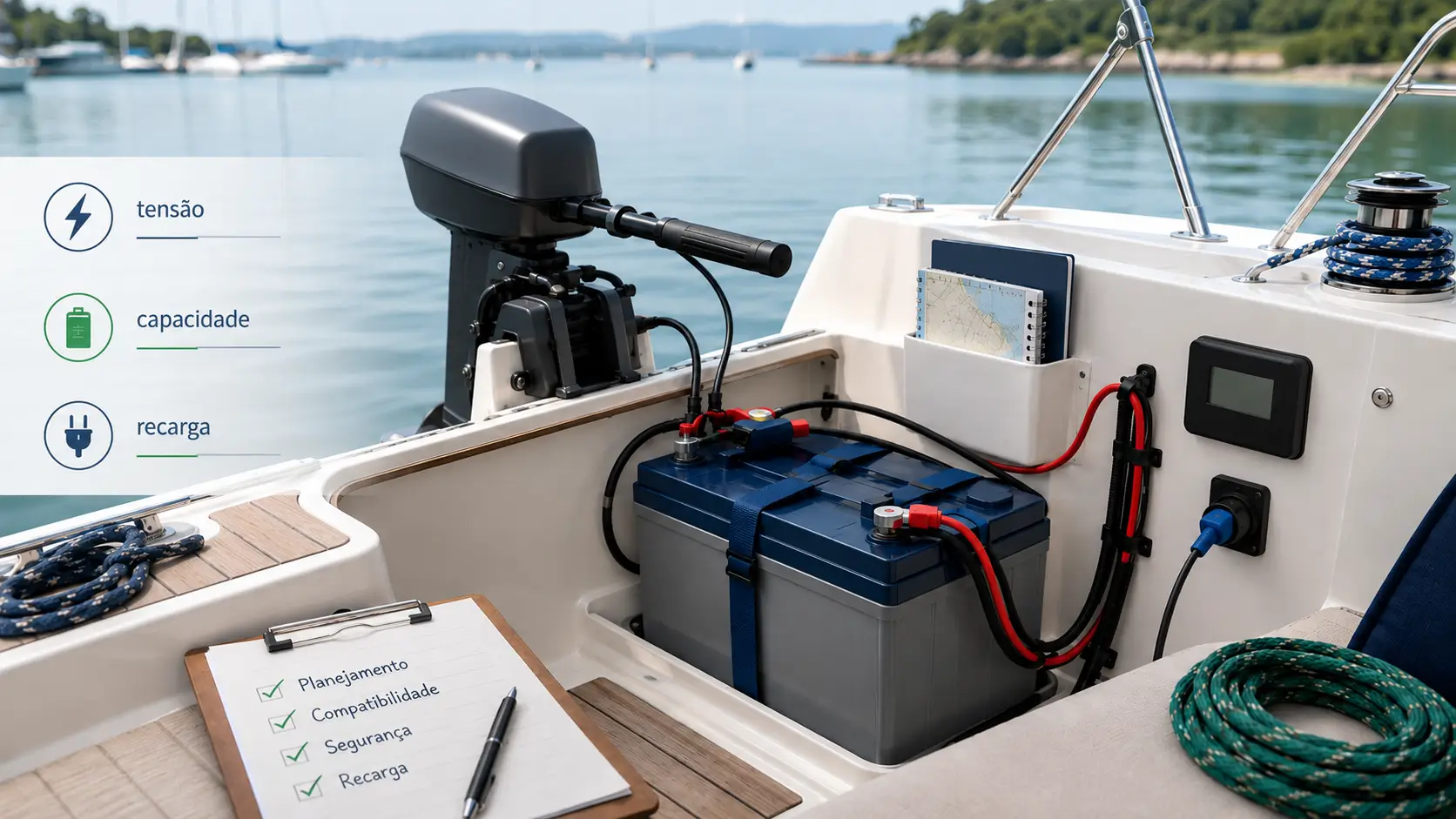 Bateria para motor elétrico de barco com cabos organizados e instalação segura