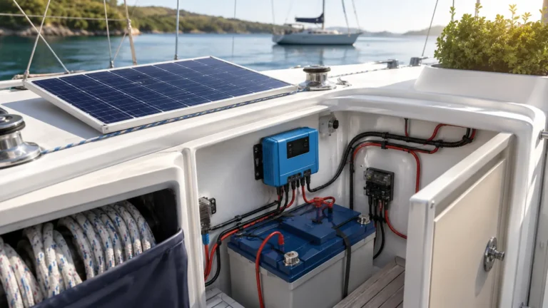 Carregar bateria de barco com energia solar usando painel solar, controlador de carga e bateria náutica