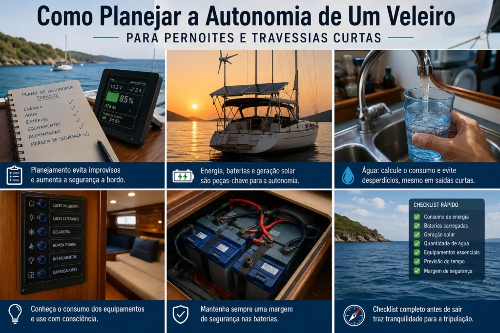 Infográfico sobre como planejar a autonomia de um veleiro para pernoites e travessias curtas, considerando energia, água, baterias, equipamentos e margem de segurança.