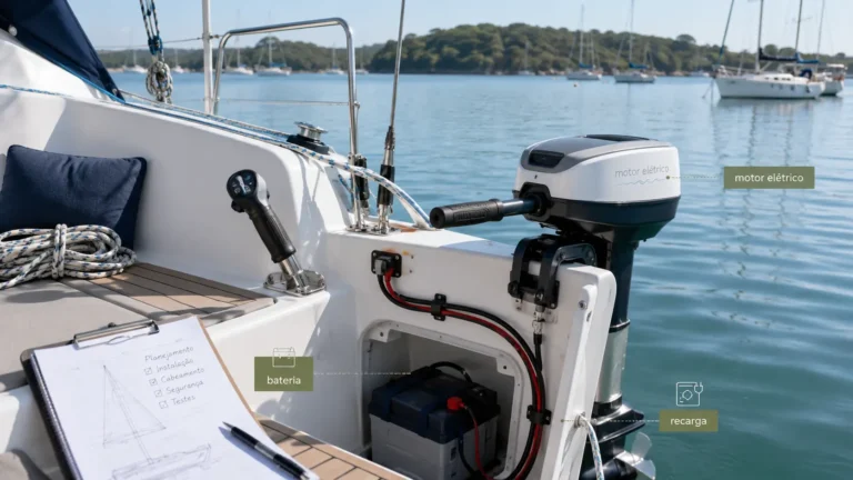 Motor elétrico para barco instalado em embarcação pequena com bateria náutica e cabos organizados