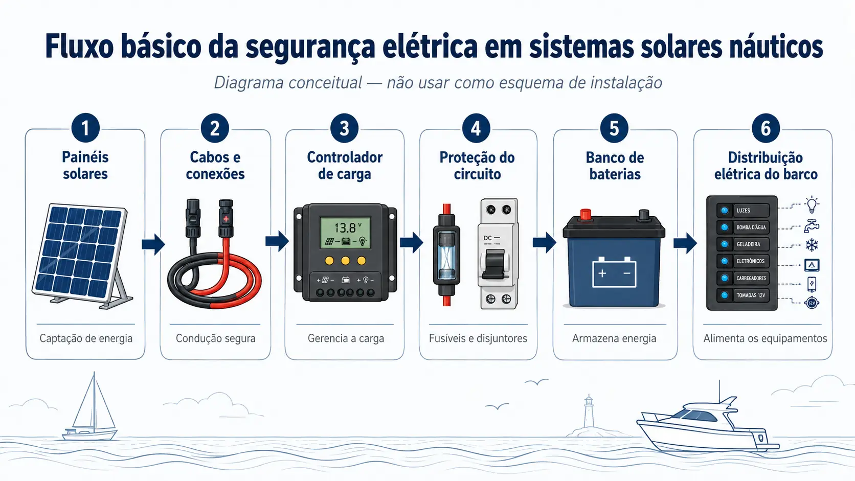 Fluxo básico da segurança elétrica em sistemas solares náuticos